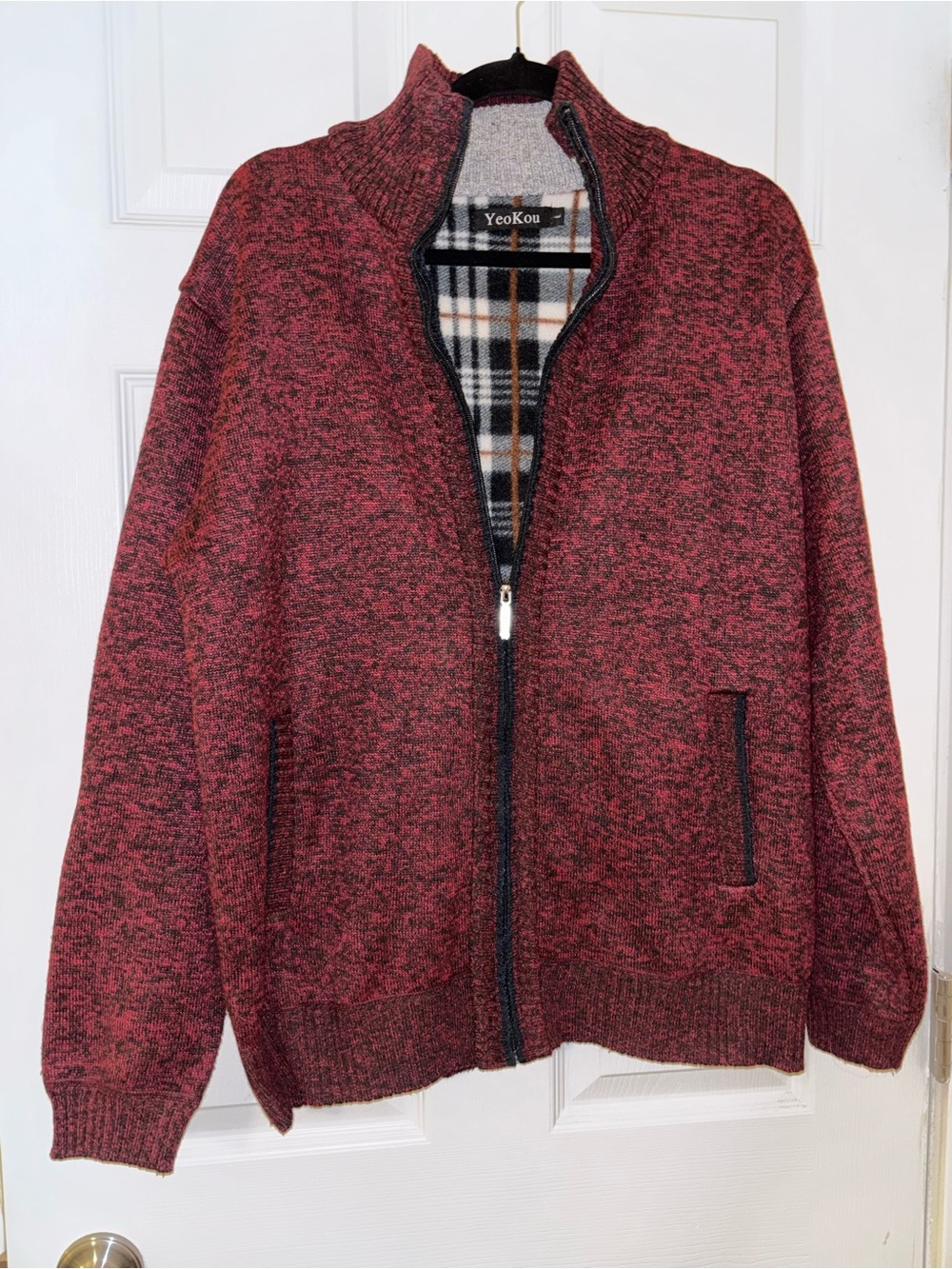 YeeKon Red Speckled Zip‑Up Sweater Jacket w/ Plaid Lining (M)